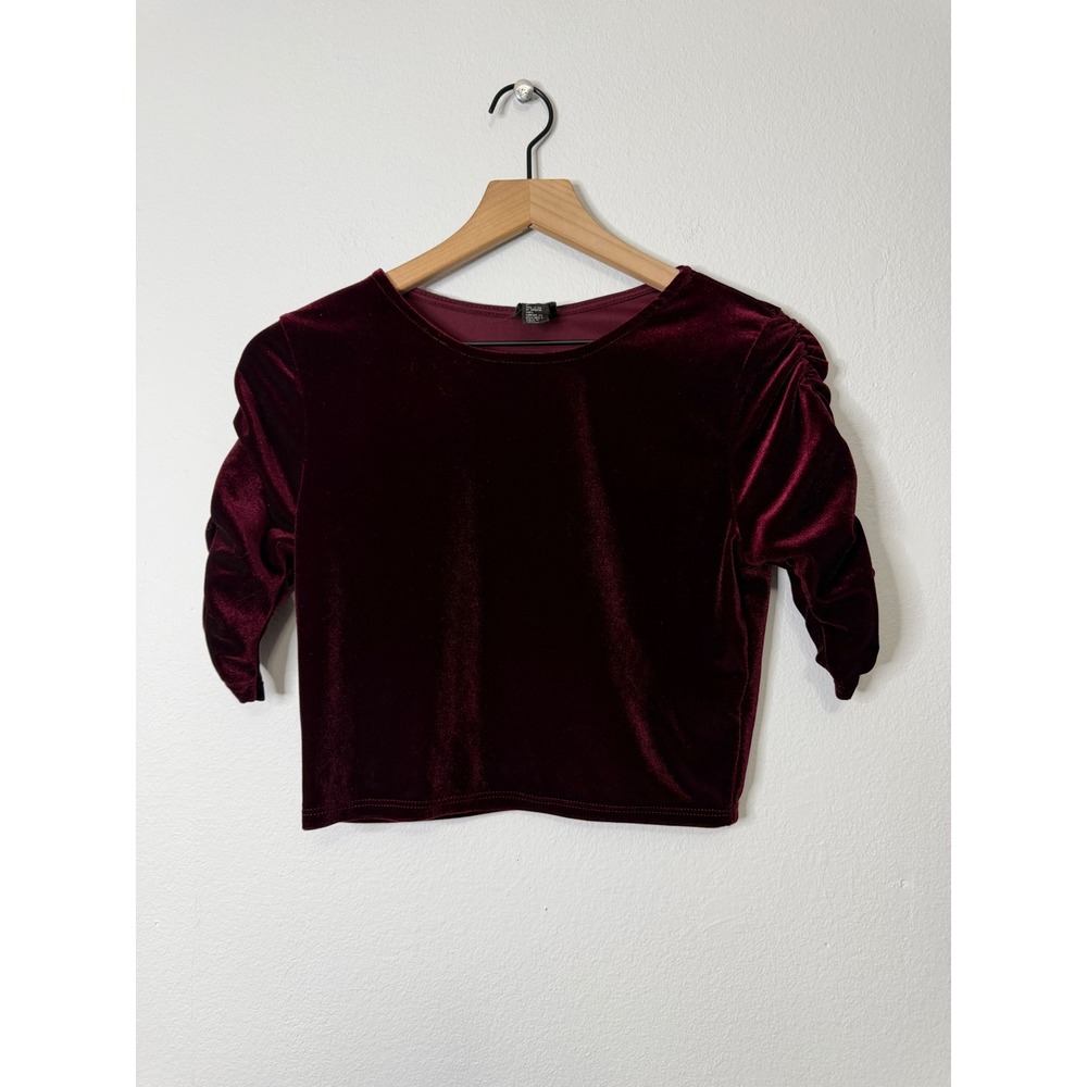 Free Press - Burgundy Velvet Blouse Ruched Sleeves Cropped Size‎ M